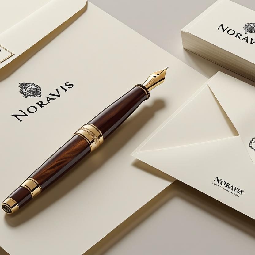 Eleganter Füllfederhalter auf Briefpapier und Umschlägen der Marke Noravis.