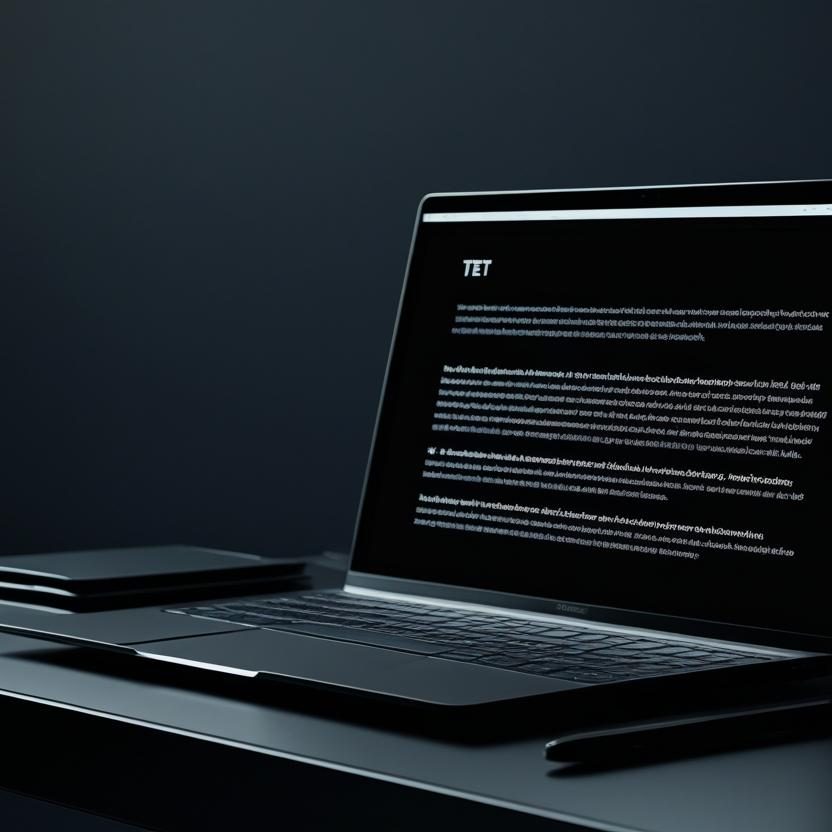 Ein Laptop mit schwarzem Bildschirm und Text auf einem dunklen Tisch.